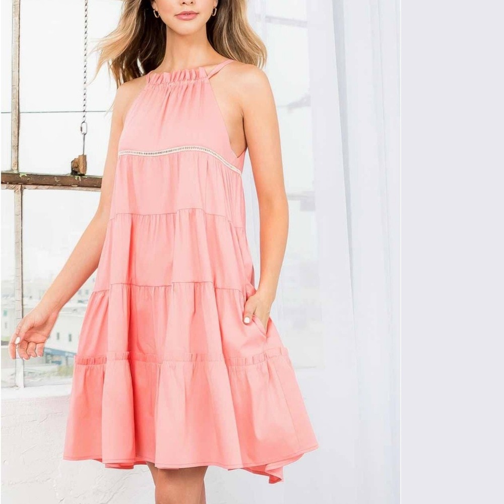 THML Coral Pink Penny Poplin Tiered Halter Neck Dress with Pockets Size‎ Small